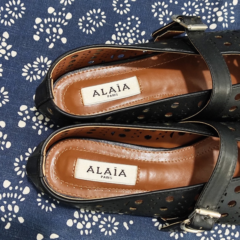 Alaia Black Perforated Leather Mary Jane Flats with Buckle - Picture 2 of 9
